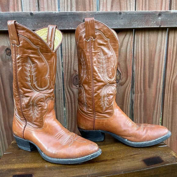 Vintage 1990’s Larry Mahan’s Brown Leather Cowboy Boots cognac leather - Picture 1 of 14